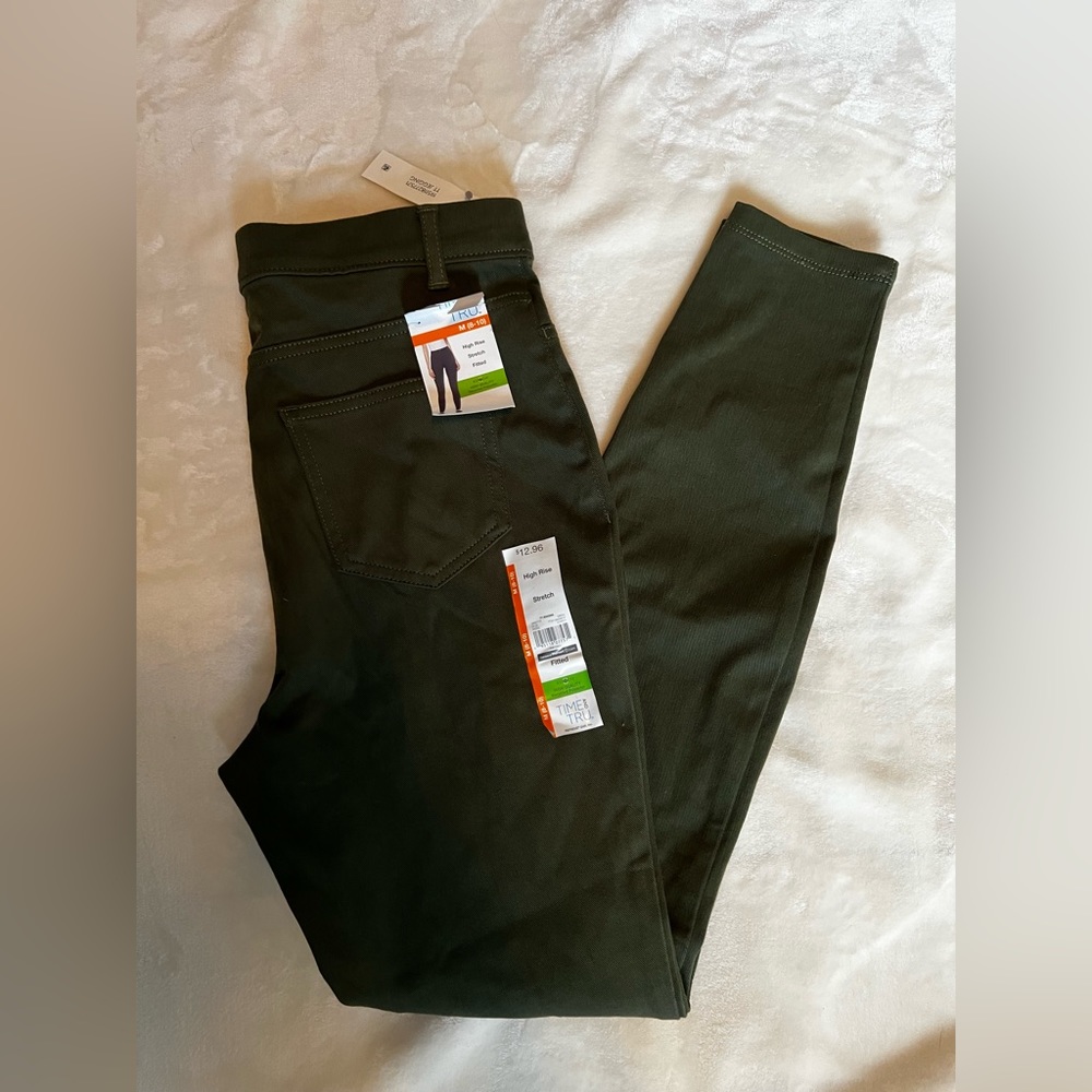 Olive green high rise stretch pants, med (8-10)